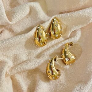 Women's Gold Plated Statement Teardrop Earrings with Cubic Zirconia and Pearls